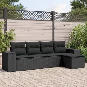  5 részes fekete polyrattan kerti kanapészett párnákkal