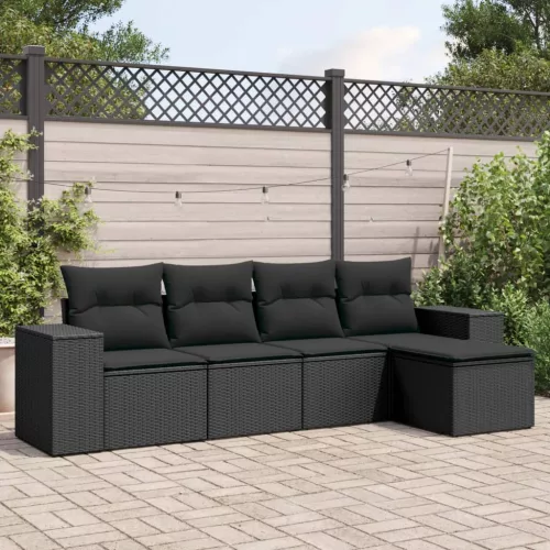  5 részes fekete polyrattan kerti kanapészett párnákkal