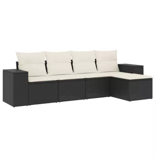  5 részes fekete polyrattan kerti kanapészett párnákkal