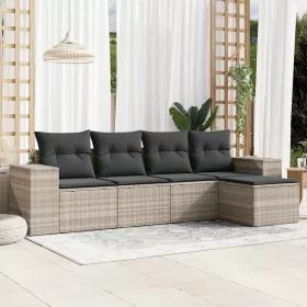    5 részes világosszürke polyrattan kerti ülőgarnitúra párnákkal