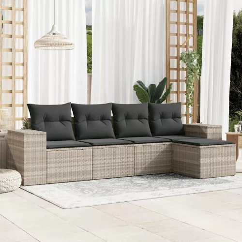  5 részes világosszürke polyrattan kerti ülőgarnitúra párnákkal