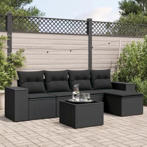 6 részes fekete polyrattan kerti ülőgarnitúra párnákkal