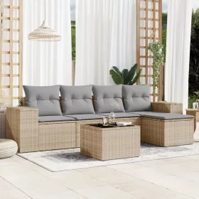  6 részes bézs polyrattan kerti ülőgarnitúra párnával