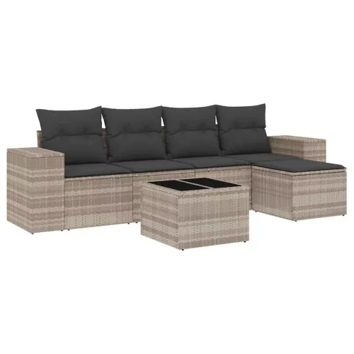  6 részes világosszürke polyrattan kerti ülőgarnitúra párnákkal