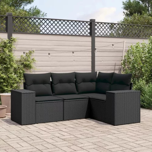  4 részes fekete polyrattan kerti ülőgarnitúra párnákkal