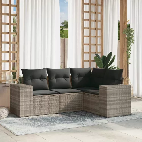  4 részes világosszürke polyrattan kerti ülőgarnitúra párnákkal