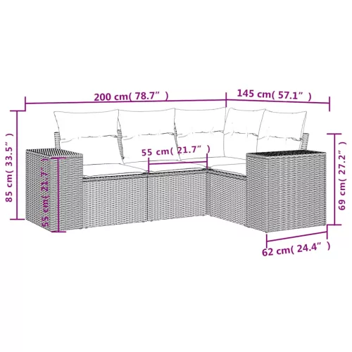  4 részes világosszürke polyrattan kerti ülőgarnitúra párnákkal