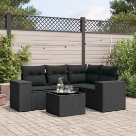  5 részes fekete polyrattan kerti kanapészett párnákkal