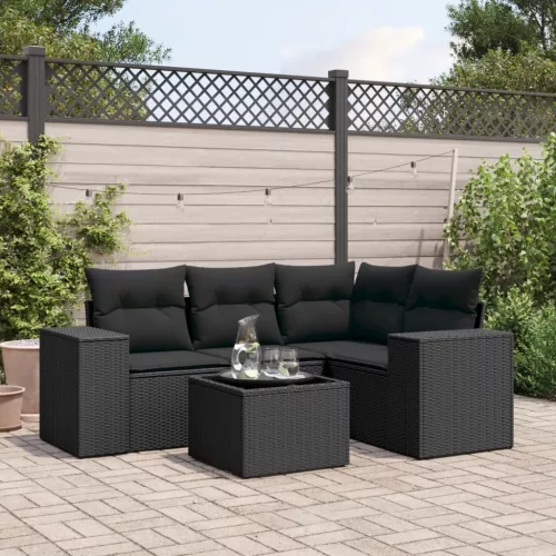  5 részes fekete polyrattan kerti kanapészett párnákkal
