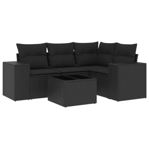  5 részes fekete polyrattan kerti kanapészett párnákkal