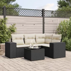  5 részes fekete polyrattan kerti kanapészett párnákkal