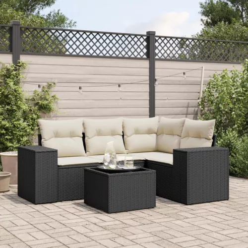  5 részes fekete polyrattan kerti kanapészett párnákkal