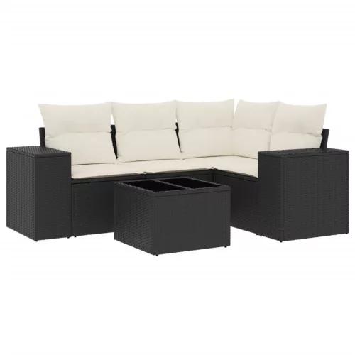  5 részes fekete polyrattan kerti kanapészett párnákkal