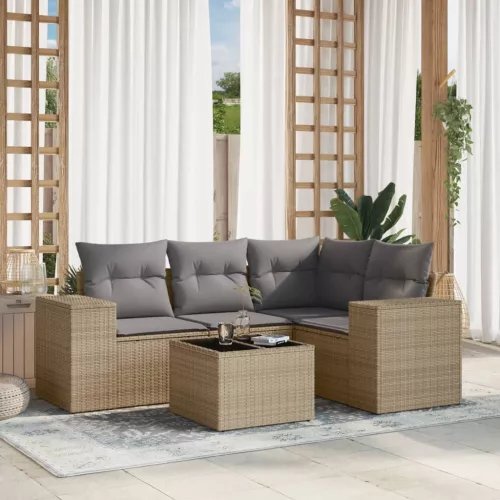  5 részes bézs polyrattan kerti ülőgarnitúra párnákkal