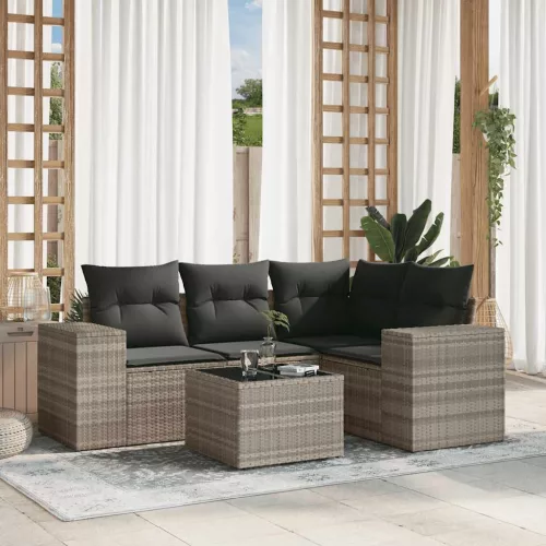  5 részes világosszürke polyrattan kerti ülőgarnitúra párnákkal