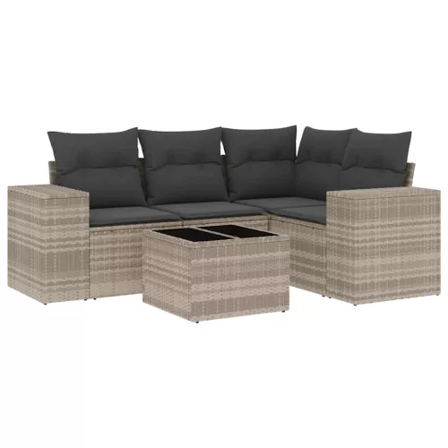  5 részes világosszürke polyrattan kerti ülőgarnitúra párnákkal