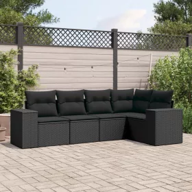  5 részes fekete polyrattan kerti kanapészett párnákkal