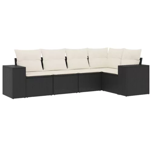  5 részes fekete polyrattan kerti kanapészett párnákkal