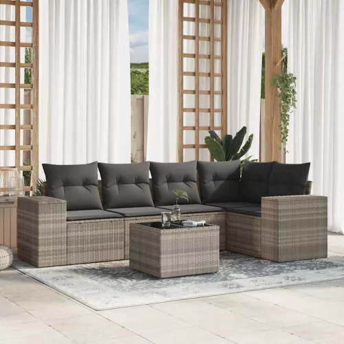  6 részes világosszürke polyrattan kerti ülőgarnitúra párnákkal