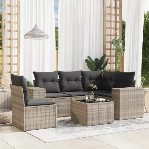  6 részes világosszürke polyrattan kerti ülőgarnitúra párnákkal
