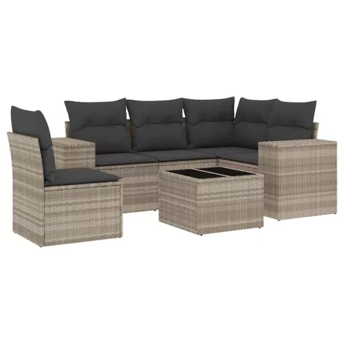  6 részes világosszürke polyrattan kerti ülőgarnitúra párnákkal