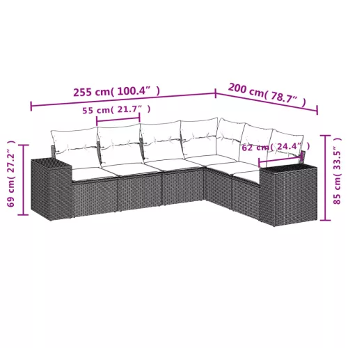  6 részes fekete polyrattan kerti ülőgarnitúra párnákkal