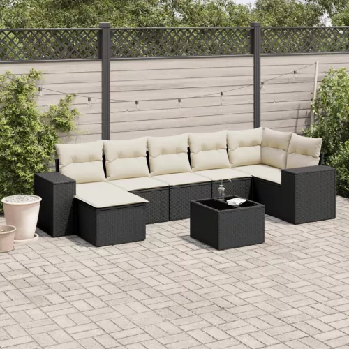  8 részes fekete polyrattan kerti ülőgarnitúra párnákkal