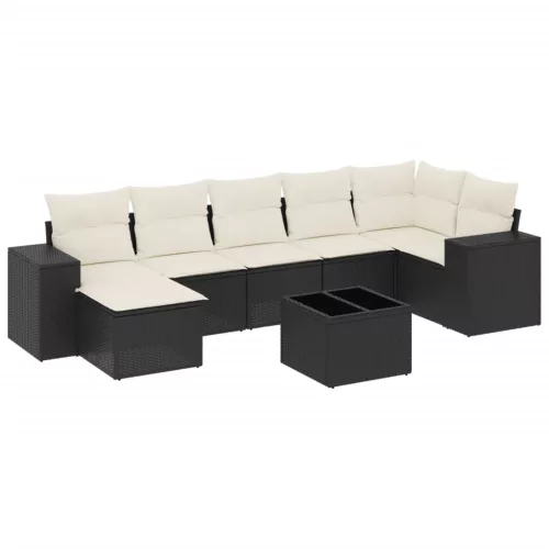  8 részes fekete polyrattan kerti ülőgarnitúra párnákkal