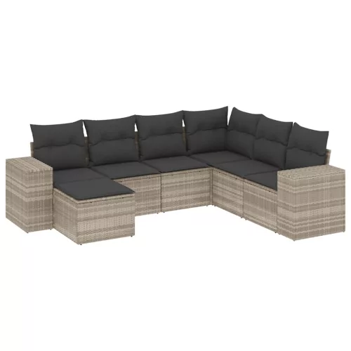 7 részes világosszürke polyrattan kerti ülőgarnitúra párnákkal