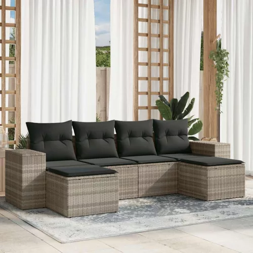  6 részes világosszürke polyrattan kerti ülőgarnitúra párnákkal