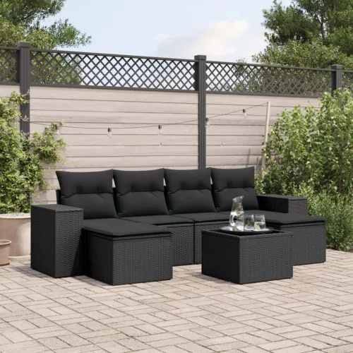  7 részes fekete polyrattan kerti ülőgarnitúra párnával