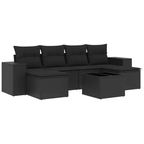  7 részes fekete polyrattan kerti ülőgarnitúra párnával
