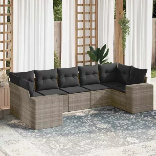  7 részes világosszürke polyrattan kerti ülőgarnitúra párnákkal