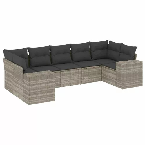  7 részes világosszürke polyrattan kerti ülőgarnitúra párnákkal