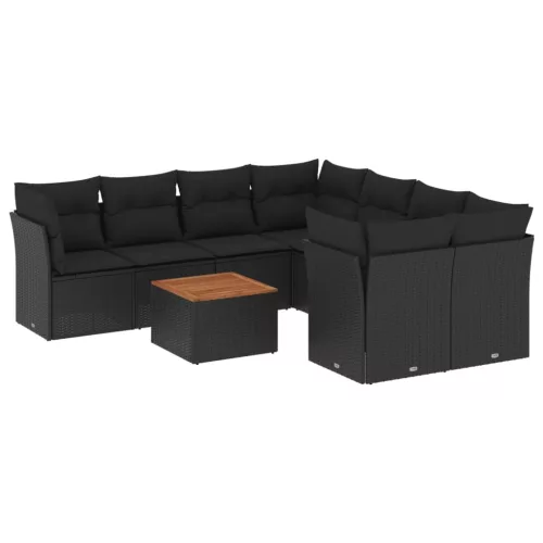  9 részes fekete polyrattan kerti ülőgarnitúra párnákkal