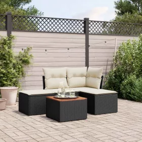  5 részes fekete polyrattan kerti kanapészett párnákkal