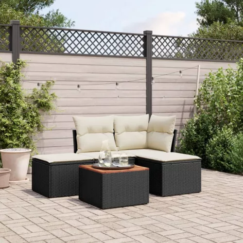  5 részes fekete polyrattan kerti kanapészett párnákkal