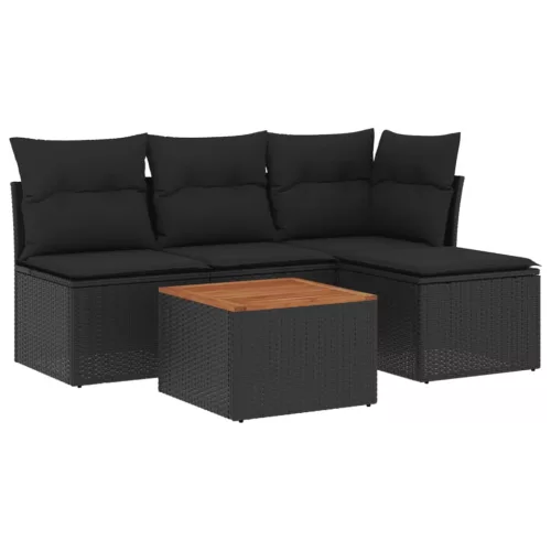  5 részes fekete polyrattan kerti kanapészett párnákkal