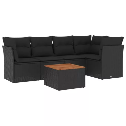 6 részes fekete polyrattan kerti ülőgarnitúra párnákkal