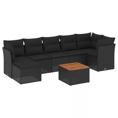  8 részes fekete polyrattan kerti ülőgarnitúra párnákkal