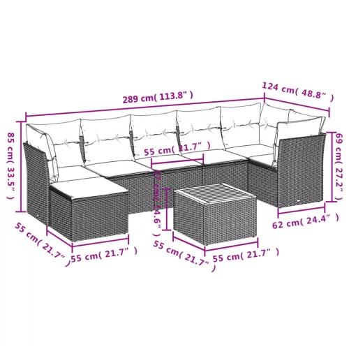  8 részes fekete polyrattan kerti ülőgarnitúra párnákkal