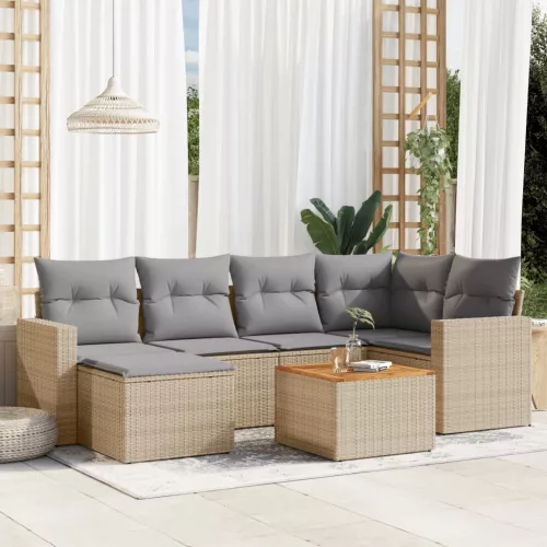  7 részes bézs polyrattan kerti ülőgarnitúra párnákkal