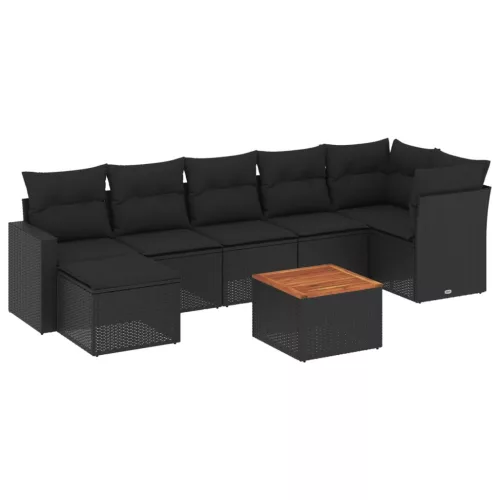  8 részes fekete polyrattan kerti ülőgarnitúra párnákkal