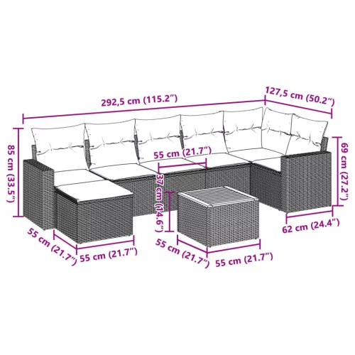  8 részes fekete polyrattan kerti ülőgarnitúra párnákkal