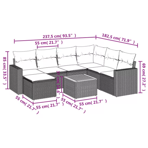  8 részes fekete polyrattan kerti ülőgarnitúra párnákkal