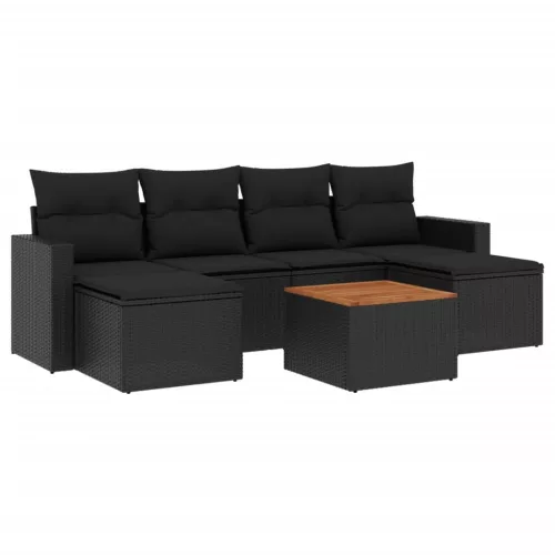  7 részes fekete polyrattan kerti ülőgarnitúra párnával