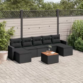    8 részes fekete polyrattan kerti ülőgarnitúra párnákkal