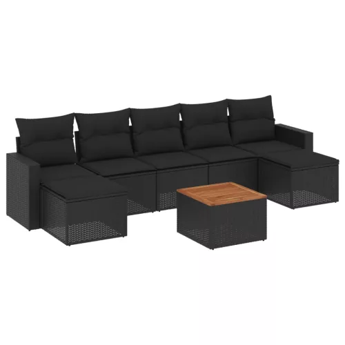  8 részes fekete polyrattan kerti ülőgarnitúra párnákkal