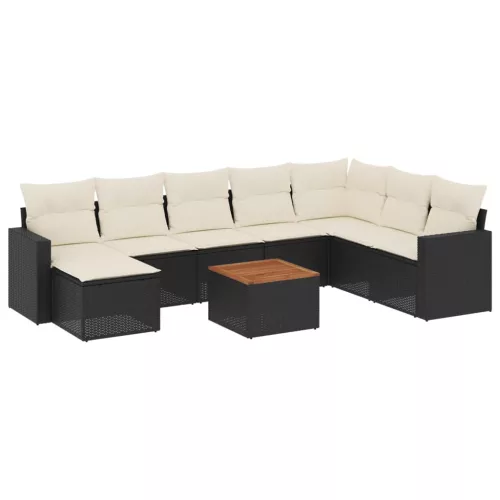  9 részes fekete polyrattan kerti ülőgarnitúra párnákkal
