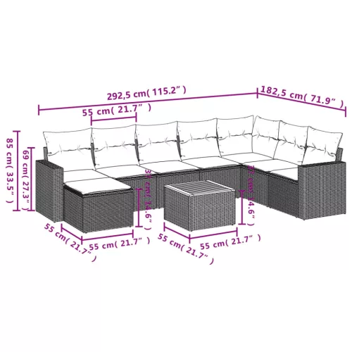  9 részes szürke polyrattan kerti ülőgarnitúra párnákkal
